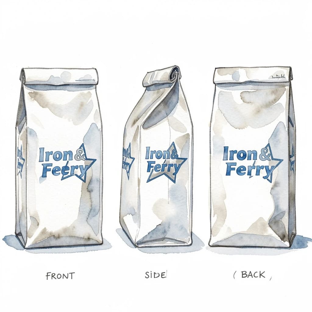 Watercolor of the same coffee bag drawn in three views, captioned "front", "side" and "back", every view carrying the wordmark "Iron & Ferry" with a five-point star outline beside it in the same blue-and-silver coloring, only the angle changing.