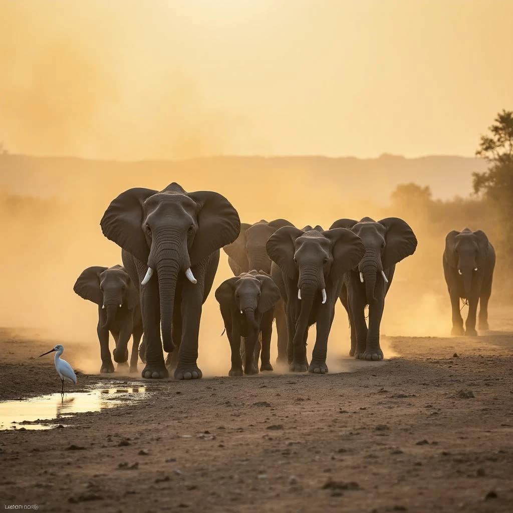 Wildlife photograph for a conservation campaign: a herd crossing a dusty riverbed in low sun. Seven elephants walking left to right, three adults flanking on the outside and two calves tucked between them, one adult trailing at the rear with a broken tusk, and the lead matriarch already up the far bank. Four egrets on the ground, only two of them near the calves. Long shadows, dust haze, nothing written in frame.