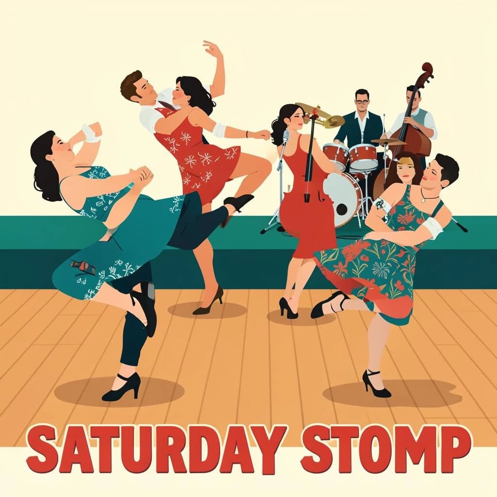 Flat design poster for a swing dance night. Four couples on a wooden floor, each caught in a different move: the front couple in a lift with the follower's feet off the ground, behind them a couple in a side by side kick, a third couple joined by one hand mid spin, and a fourth couple frozen in a dip near the back wall. All followers wear patterned dresses, all leaders wear braces and rolled sleeves. On a low stage behind them, a five piece band: two trumpets, a double bass, a drummer and a singer at a chrome microphone. Bold flat shapes, cream, teal and tomato red. "Saturday Stomp" in chunky letters along the bottom.