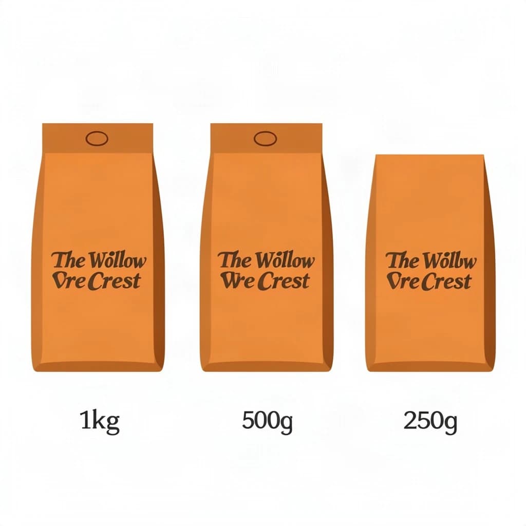 Flat vector illustration of the same coffee bag drawn in three sizes, captioned "1kg", "500g" and "250g", every size carrying the wordmark "The Willow Crest" in the same orange-and-brown coloring, only the bag size changing.