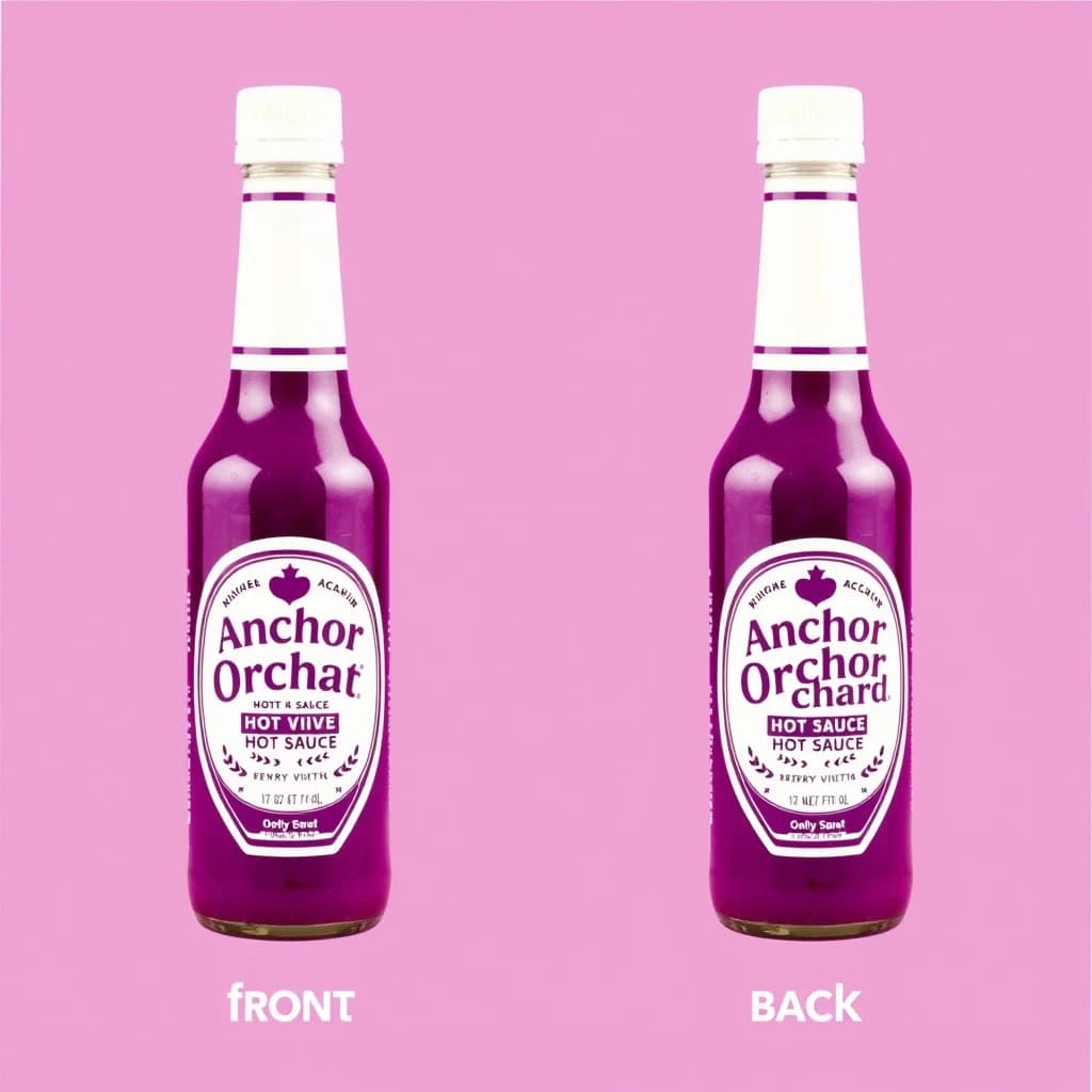 Printed poster: one hot-sauce bottle in two views. The views are captioned "front" and "back" in that order. The wordmark "Anchor Orchard" appears on every view. The purple-and-white coloring is the same across every view, and only the angle changes.