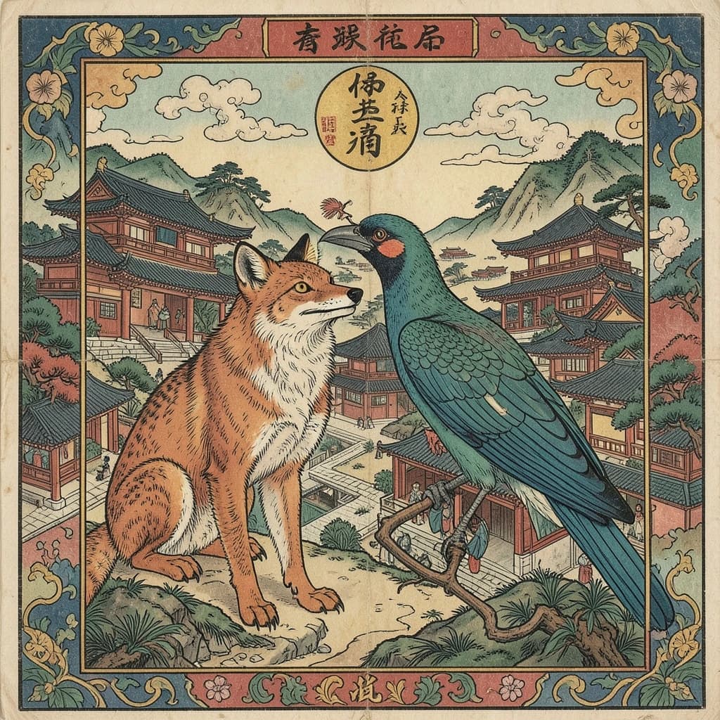 Fox and Turaco in Pyongyang, North Korea in the style of byzantine