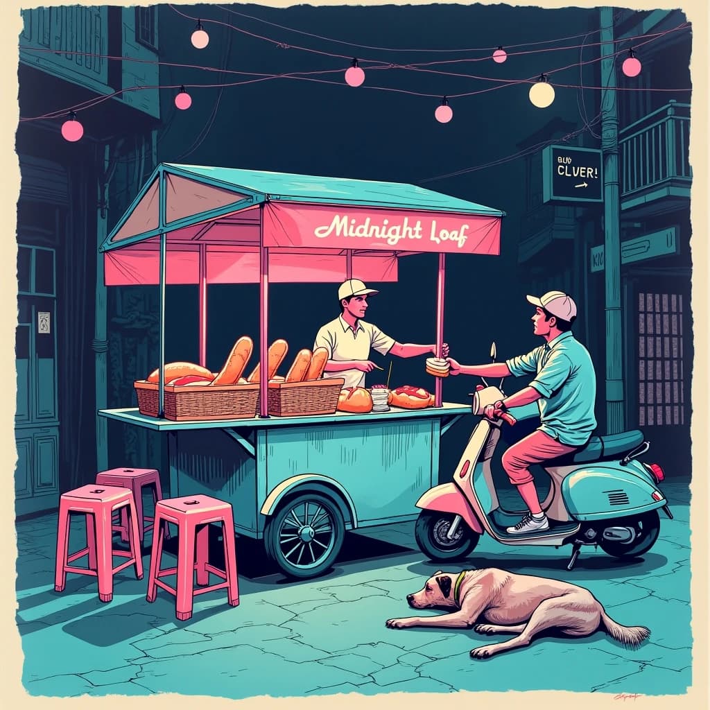 Two-color risograph print key art in fluorescent pink and teal with visible misregistration and paper grain, for a street food courier game. A night market alley: the banh mi cart at center with three baguettes standing upright in a basket and two more being sliced by the vendor, who hands one wrapped sandwich down to a courier straddling a scooter. Four plastic stools in front of the cart, three occupied and the one nearest the gutter tipped over. Two strings of bulbs cross overhead. A dog waits under the cart axle. The stall banner reads "Midnight Loaf".
