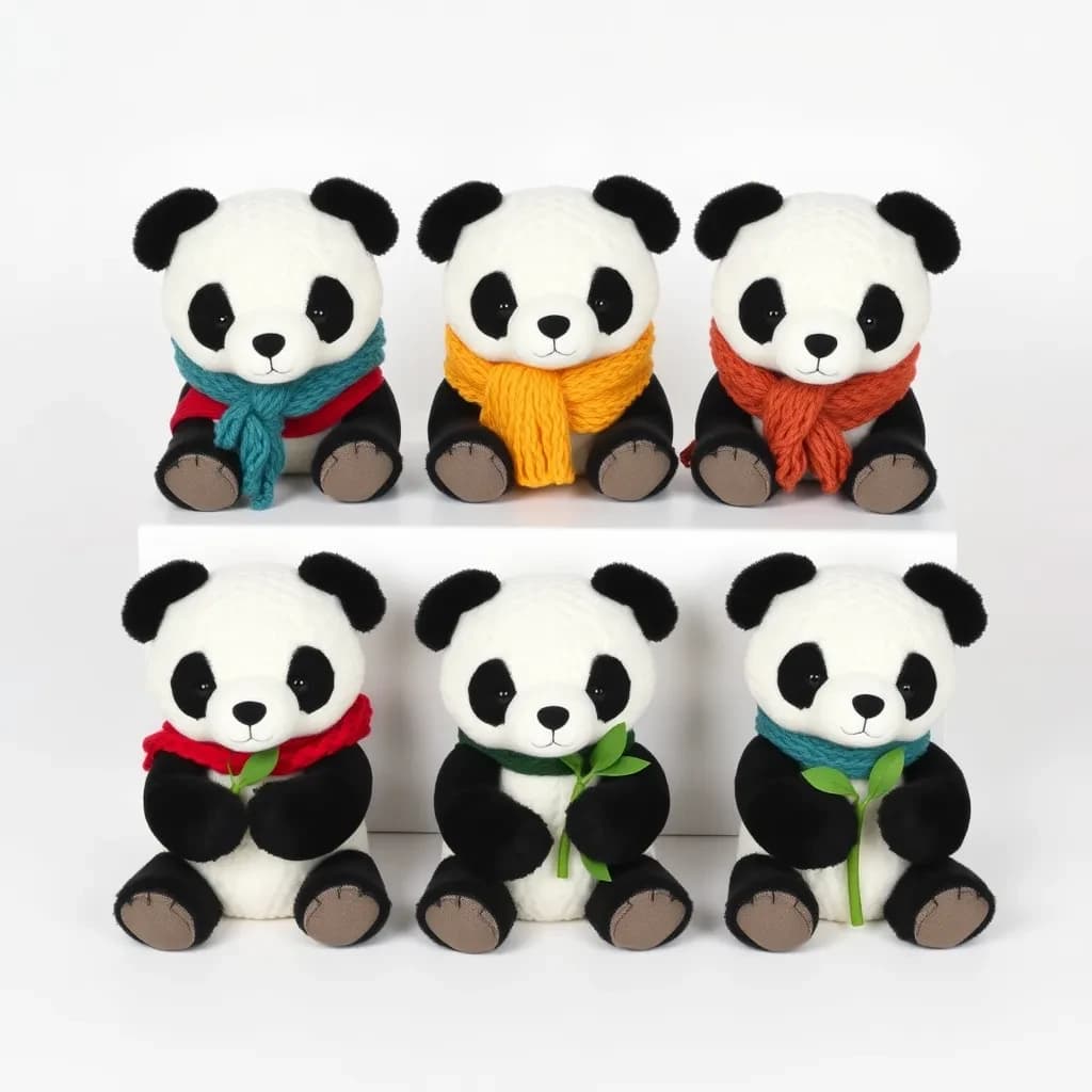 Studio product photography, plain white variant grid: six panda plushes in two rows of three, all seated facing camera. The top row wears knit scarves in red, mustard and teal. The bottom three wear no scarves, each holding a small felt bamboo shoot.