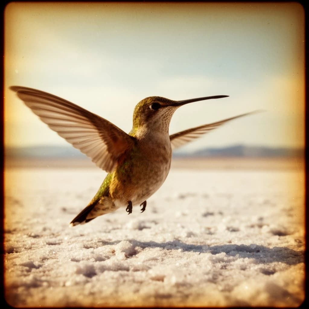 85mm f/8 portrait of a hummingbird across a salt flat, lit through a north-facing window, deep focus, warm color negative look