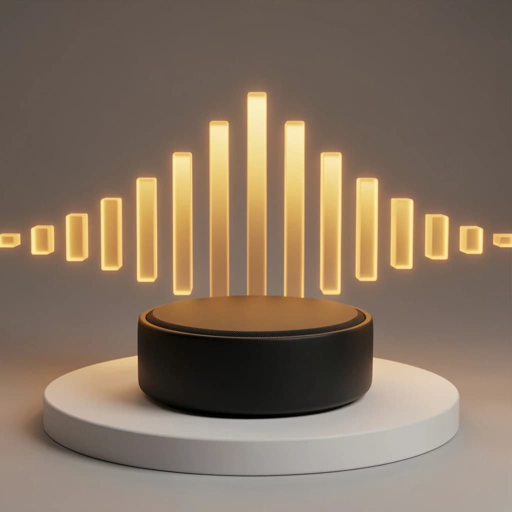 Cinematic 3D render of a matte black speaker puck on a white plinth, with a sound waveform behind it built from fourteen glowing amber bars in a gentle curve, the three tallest centred directly behind the puck and the bars shortening evenly toward both ends.
