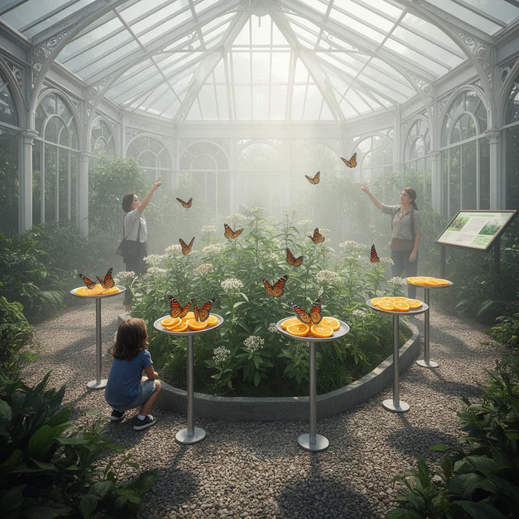 Interior render of a glasshouse butterfly conservatory, white cast iron arches and misted glass, humid morning light.
A raised planting bed spirals through the centre with a gravel path running around it. Five feeding stations on slim posts stand along the path, each holding a shallow dish of orange slices: monarch butterflies cluster on three of the dishes while two are untouched. Seven more monarchs rest on the milkweed in the bed and two are in flight above the path. Three visitors in the room, a child crouching at the nearest feeding station, an adult behind her pointing upward, and a guide standing at the far end beside an information board. Fine mist drifting near the roof vents. Physically based render.