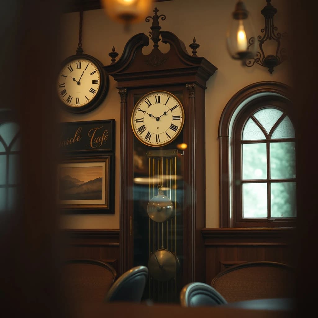 135mm f/1.8 close-up framing of a grandfather clock inside a cozy cafe, lit by bounced light, gentle vignetting, large-format look
