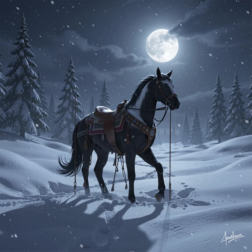 single carousel horse in deep snow, moonlight