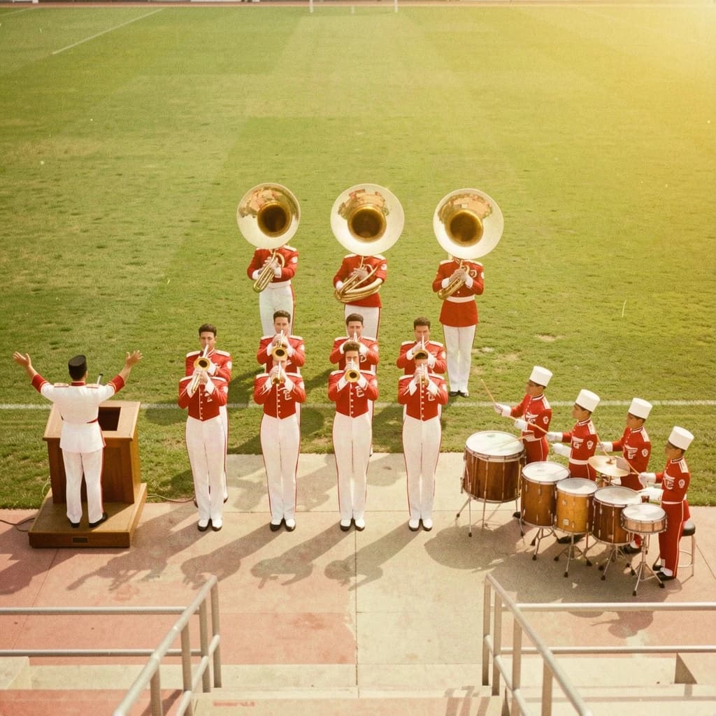 Nineteen seventies Kodachrome-era colour film look, faded warm grain and slight overexposure: a high school marching band seen from a stadium walkway. Front rank of five trumpet players in red and white uniforms, all with horns raised. Behind them three sousaphones in a triangle, the middle player caught mid turn. A line of four drummers to the right, the snare drummer nearest the camera mid stroke. A single drum major stands on a podium at the far left with his back to us, arms up. Empty green field behind them.