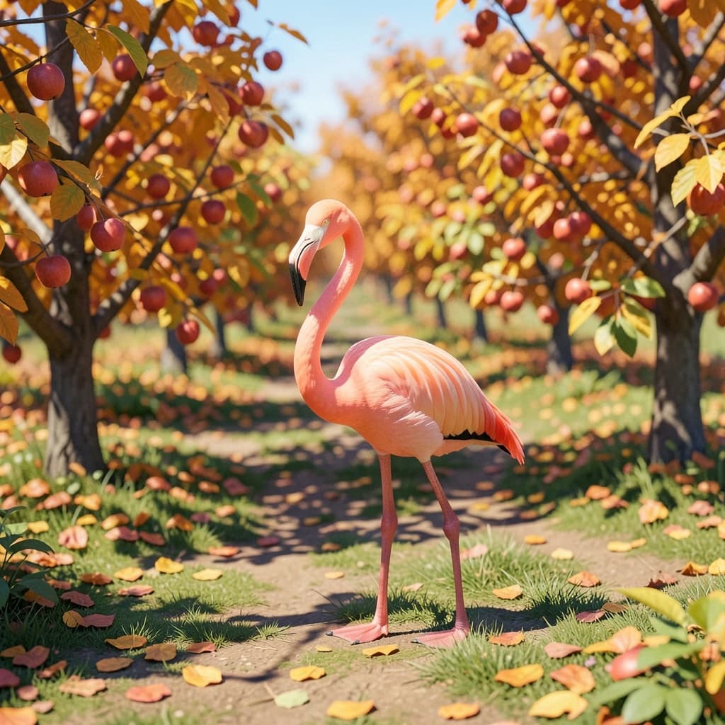 flamingo, autumn orchard, bright midday sun, telephoto compression, isometric 3D, subtle texture