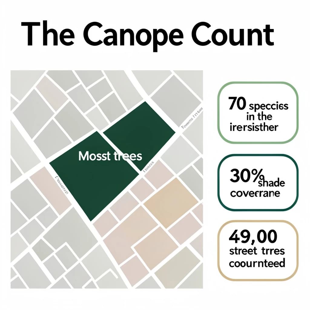 Flat infographic titled "The Canopy Count": at the center a simplified street map with shaded districts, carrying two keyed regions, "Most trees" shaded dark green and "Fewest trees" shaded tan, beside a right column of three stat chips reading "70 species in the register", "30% shade coverage" and "49,000 street trees counted".