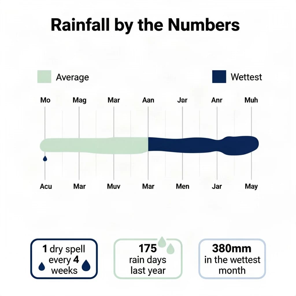 Flat infographic titled "Rainfall by the Numbers": at the center a twelve-month rainfall timeline, carrying two keyed regions, "Average" shaded pale green and "Wettest" shaded dark blue, beside a bottom row of three stat chips reading "1 dry spell every 4 weeks", "175 rain days last year" and "380mm in the wettest month".