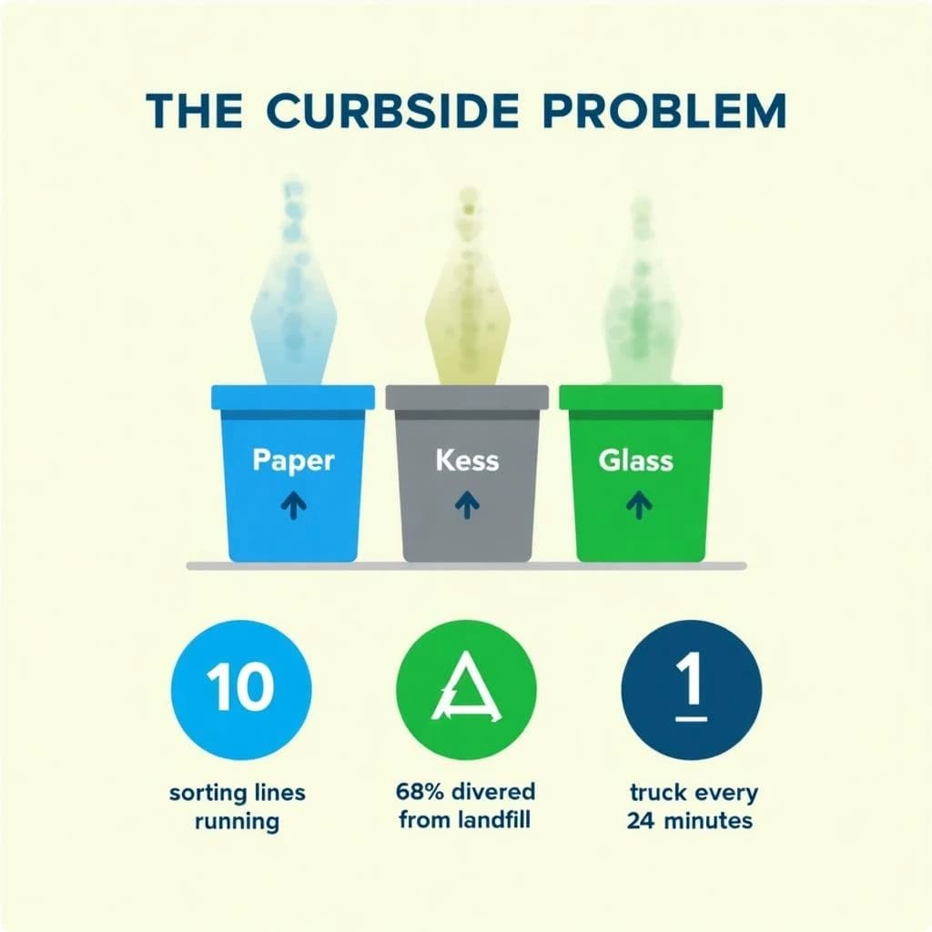 Flat vector illustration titled "The Curbside Problem". Three sorting bins with arrows to their destinations sits at the center, carrying two keyed regions, "Paper" shaded blue and "Glass" shaded green. Three stat chips run down a bottom row, reading "10 sorting lines running", "68% diverted from landfill" and "1 truck every 24 minutes". Each key color matches the shading of the region it names.