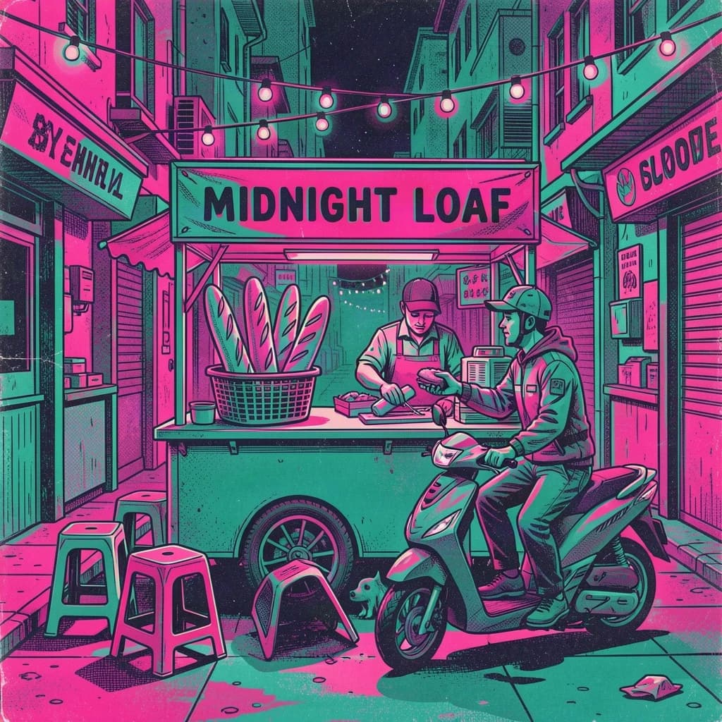 Two-color risograph print key art in fluorescent pink and teal with visible misregistration and paper grain, for a street food courier game. A night market alley: the banh mi cart at center with three baguettes standing upright in a basket and two more being sliced by the vendor, who hands one wrapped sandwich down to a courier straddling a scooter. Four plastic stools in front of the cart, three occupied and the one nearest the gutter tipped over. Two strings of bulbs cross overhead. A dog waits under the cart axle. The stall banner reads "Midnight Loaf".