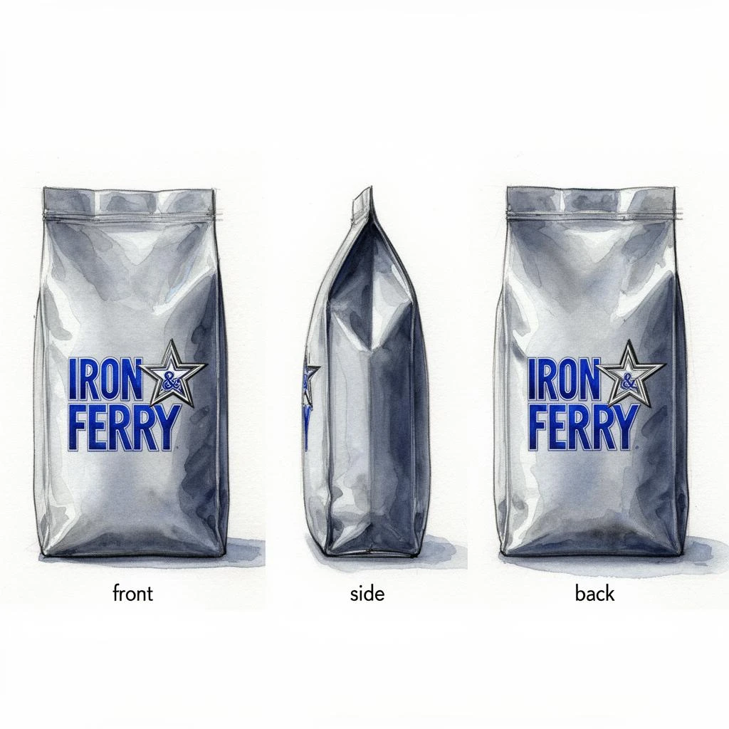 Watercolor of the same coffee bag drawn in three views, captioned "front", "side" and "back", every view carrying the wordmark "Iron & Ferry" with a five-point star outline beside it in the same blue-and-silver coloring, only the angle changing.