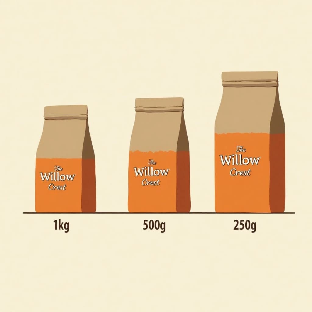 Flat vector illustration of the same coffee bag drawn in three sizes, captioned "1kg", "500g" and "250g", every size carrying the wordmark "The Willow Crest" in the same orange-and-brown coloring, only the bag size changing.