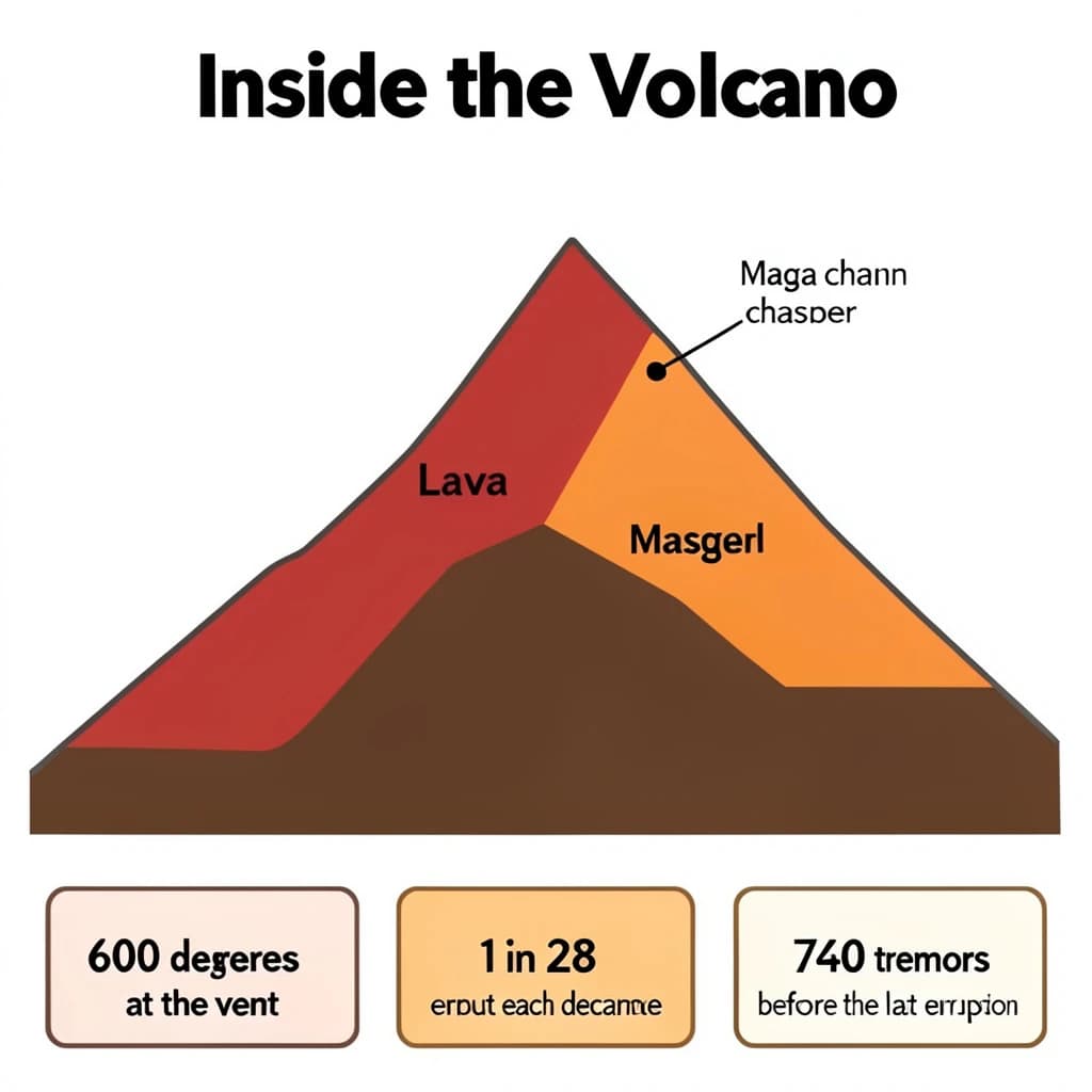 Flat infographic titled "Inside the Volcano". A simplified hazard map of the slopes sits at the center, carrying two keyed regions, "Lava channel" shaded red and "Magma chamber" shaded orange. Three stat chips run down a bottom row, reading "600 degrees at the vent", "1 in 28 erupt each decade" and "760 tremors before the last eruption". Each key color matches the shading of the region it names.