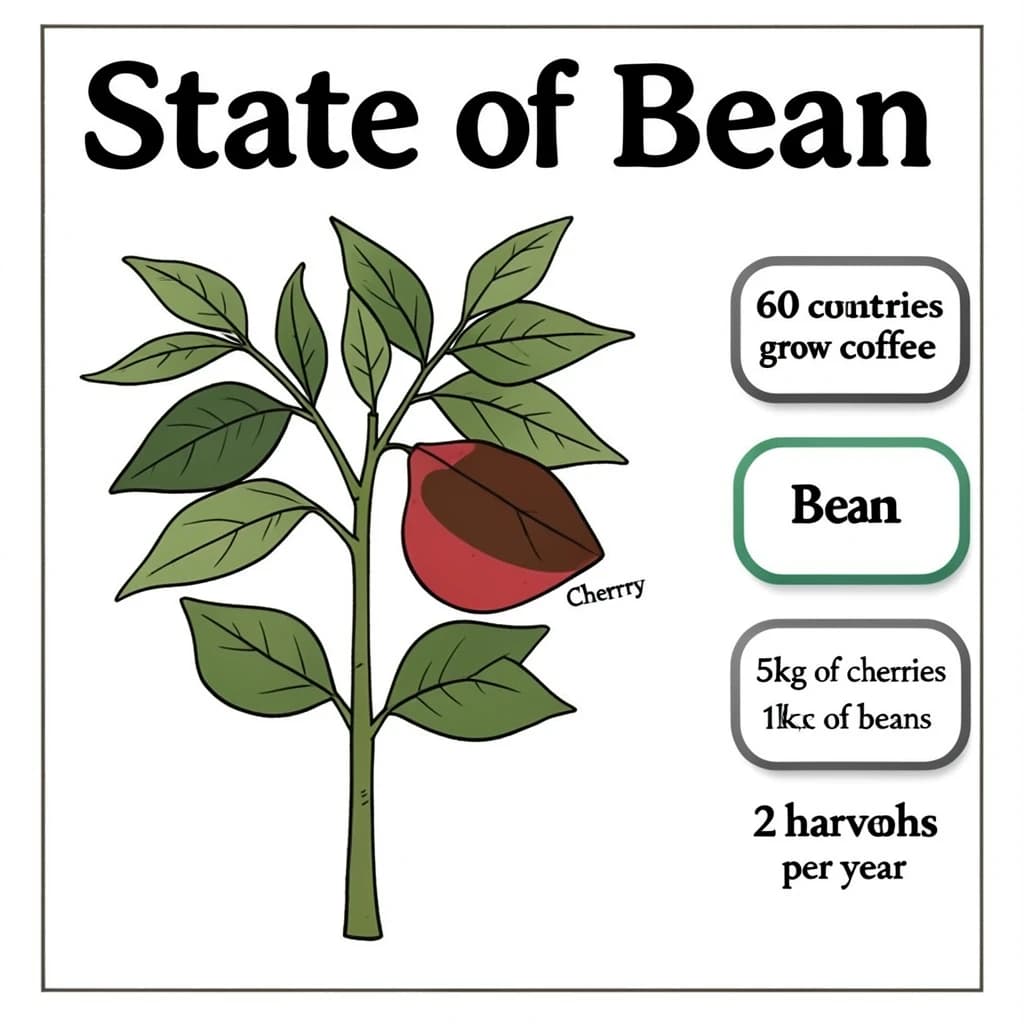 Printed poster titled "State of Bean": at the center a labeled coffee-plant diagram, carrying three keyed regions, "Bean" shaded brown, "Cherry" shaded red and "Leaf" shaded green, beside a right column of three stat chips reading "60 countries grow coffee", "5kg of cherries make 1kg of beans" and "2 harvests per year".