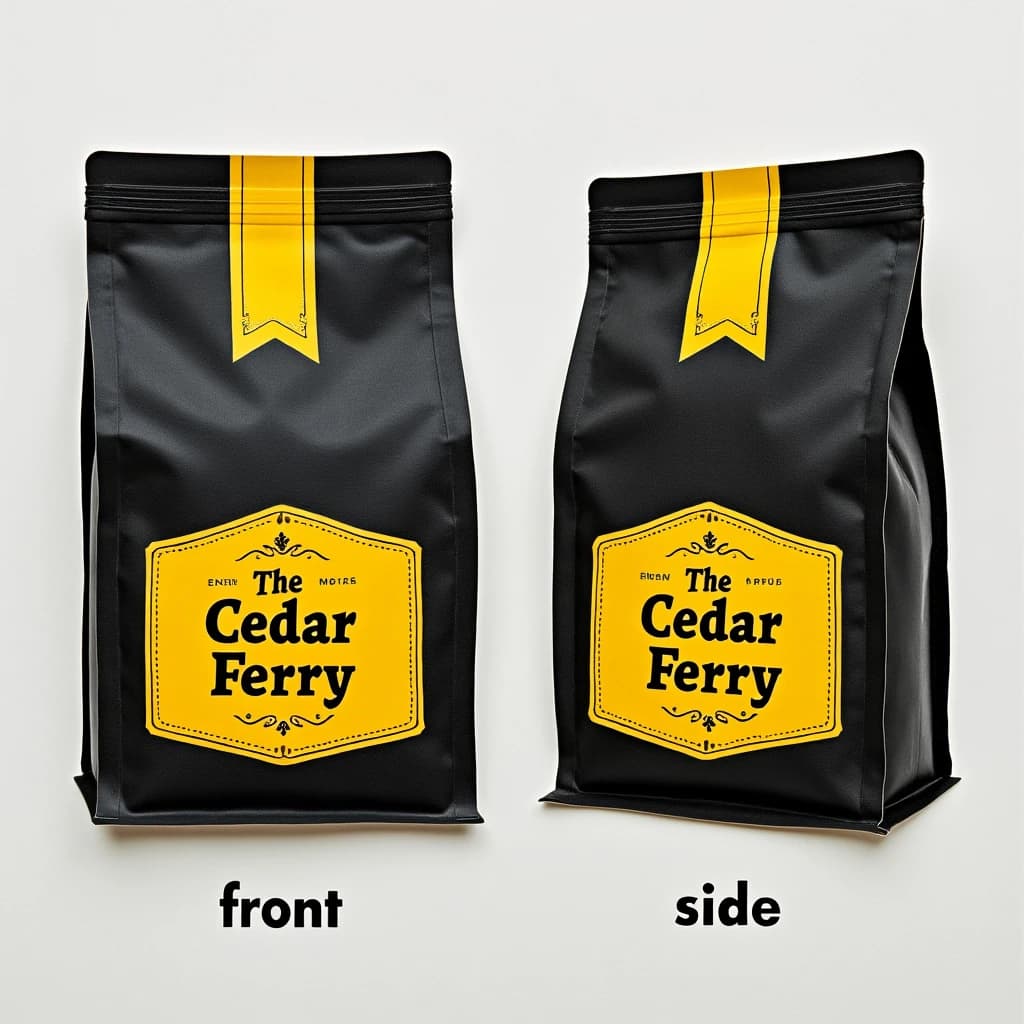 Cut-paper collage: one coffee bag in two views. The views are captioned "front" and "side" in that order. The wordmark "The Cedar Ferry" appears on every view. The black-and-yellow coloring is the same across every view, and only the angle changes.
