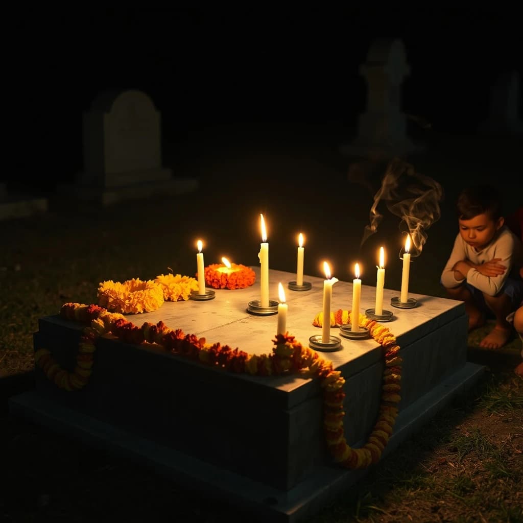 Photojournalism frame from a cemetery vigil at night: one grave slab carrying seven marigold garlands and nine lit candles, three of the candles guttered out and smoking, a grandmother and two children kneeling along the near edge.