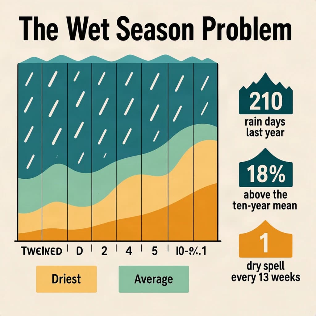 Printed poster titled "The Wet Season Problem". A twelve-month rainfall timeline sits at the center, carrying two keyed regions, "Driest" shaded sand and "Average" shaded pale green. Three stat chips run down a right column, reading "210 rain days last year", "18% above the ten-year mean" and "1 dry spell every 13 weeks". Each key color matches the shading of the region it names.