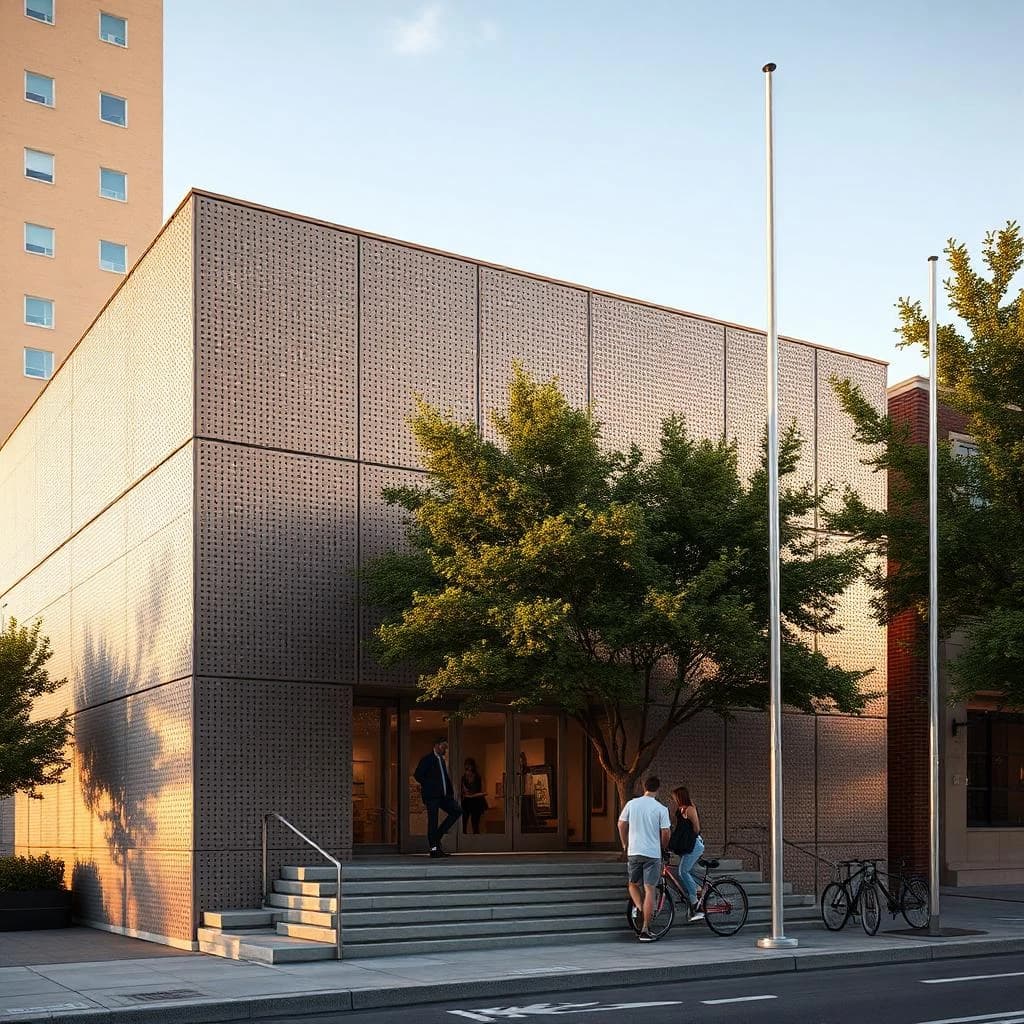 Photorealistic exterior render, late afternoon, of a small civic library clad in perforated bronze panels whose holes form a halftone pattern, dense and dark at the base and fading to sparse near the parapet.
Nine panels span the main facade in three bays of three, and the middle bay slides open to reveal clear glazing behind. Two street trees stand in front, the taller one shading the entrance stair, the shorter one set back beside a bike rack holding four bikes. Five people on the stair, three climbing and two seated near the handrail. One flagpole, bare.