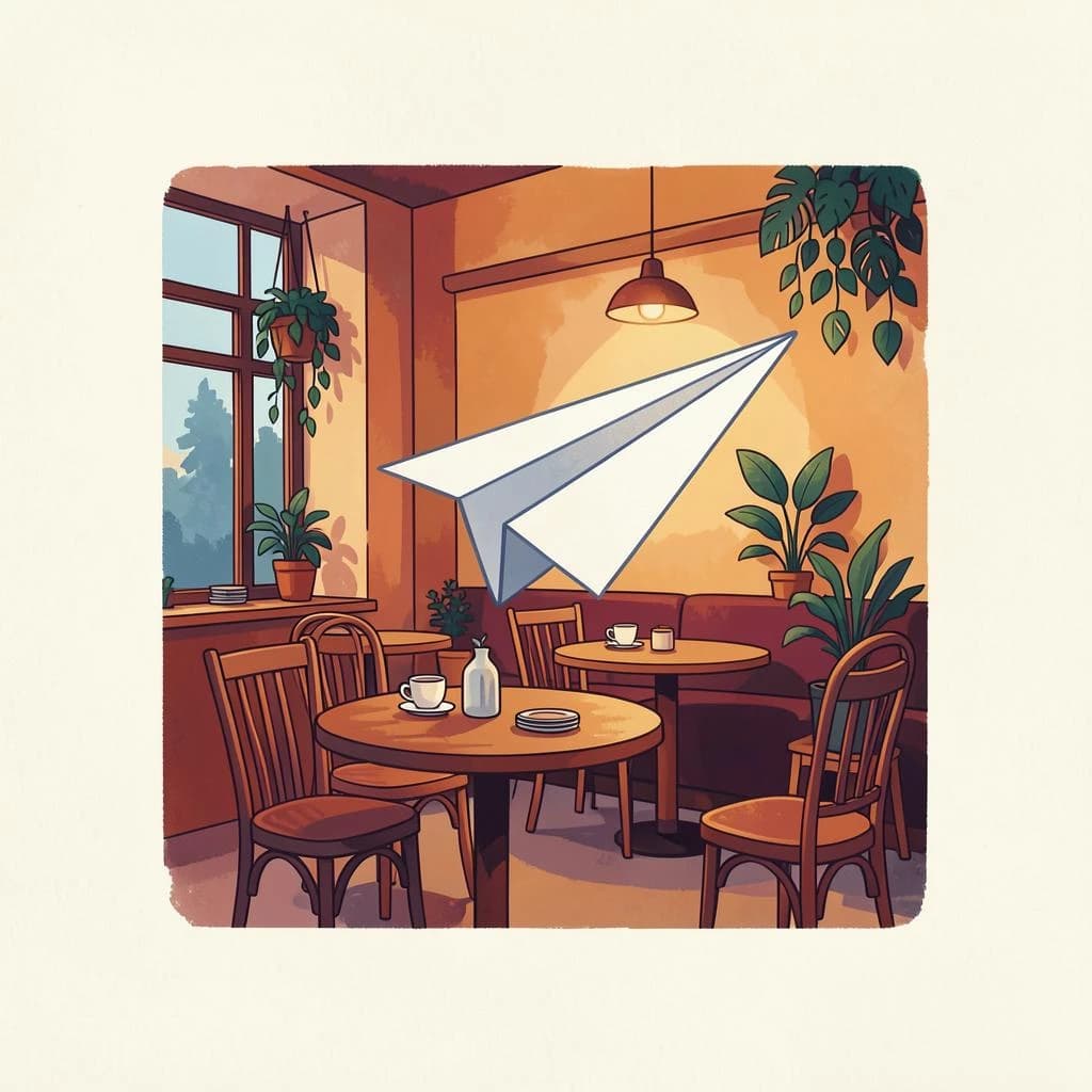Silkscreen print of a paper airplane inside a cozy cafe, layered wash, smooth vector finish, split-complementary palette.