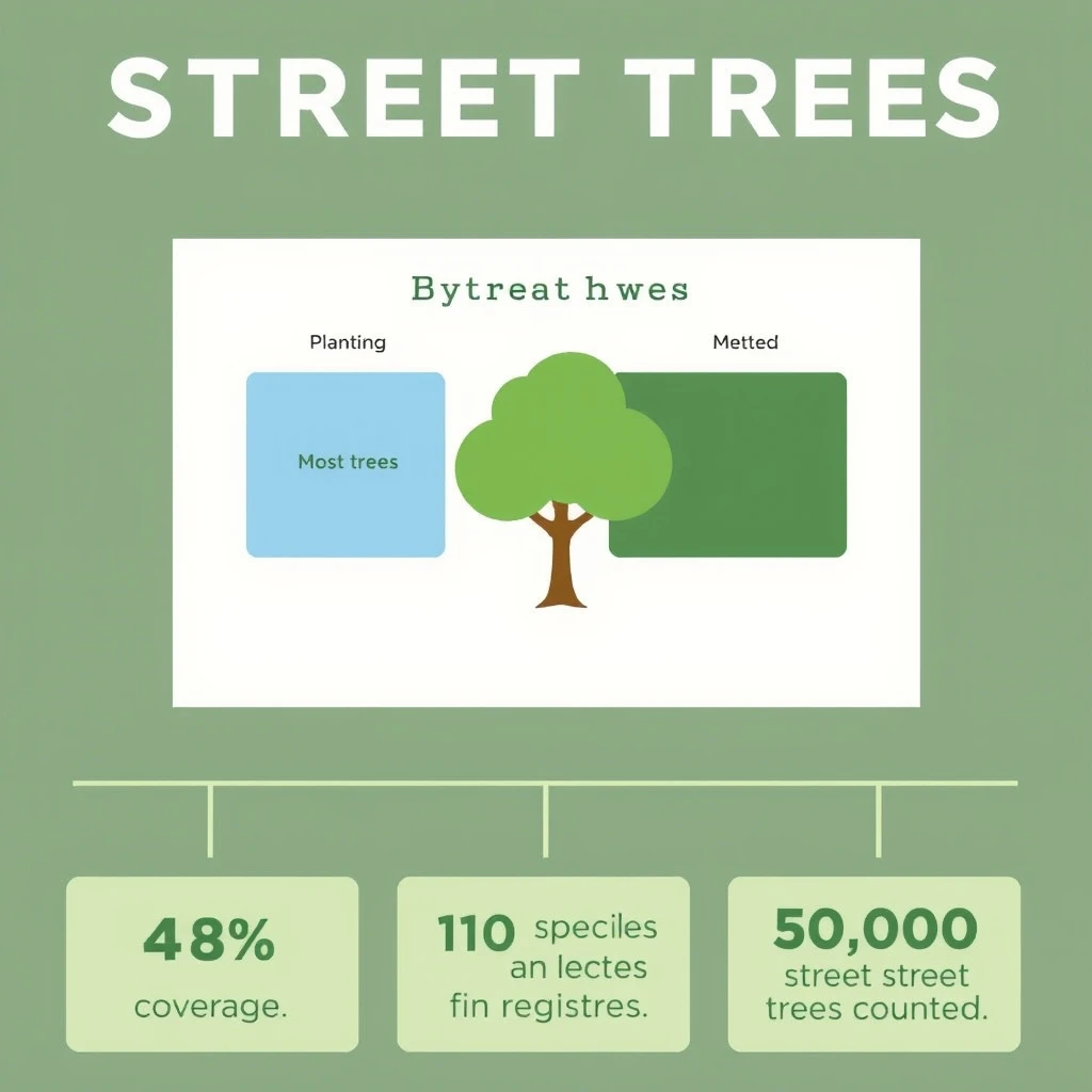 Flat infographic titled "Street Trees by the Numbers": at the center a labeled street-tree diagram, carrying two keyed regions, "New planting" shaded light blue and "Most trees" shaded dark green, beside a bottom row of three stat chips reading "44% shade coverage", "110 species in the register" and "51,000 street trees counted".