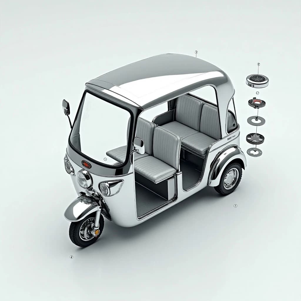 Exploded axonometric of an electric tuk-tuk, every part rendered in polished liquid chrome against a flat pale grey background, parts floating apart along thin leader lines. One front wheel below the fork, two rear wheels off the axle, two battery modules sliding out from under the bench seat with the left module taller than the right, four grab handles above the roof frame, one canopy panel on top. Numbered callouts one through seven with a parts list down the right edge and a title block reading "Assembly A-3".