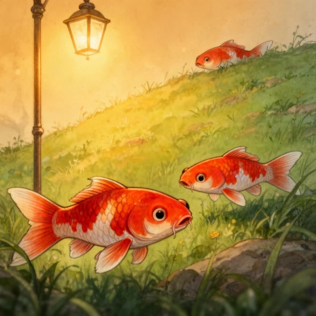 koi fish, grassy hillside, warm lamplight, macro close-up, storybook illustration, high detail