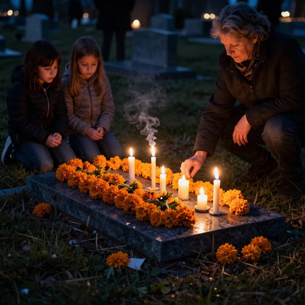 Photojournalism frame from a cemetery vigil at night: one grave slab carrying seven marigold garlands and nine lit candles, three of the candles guttered out and smoking, a grandmother and two children kneeling along the near edge.