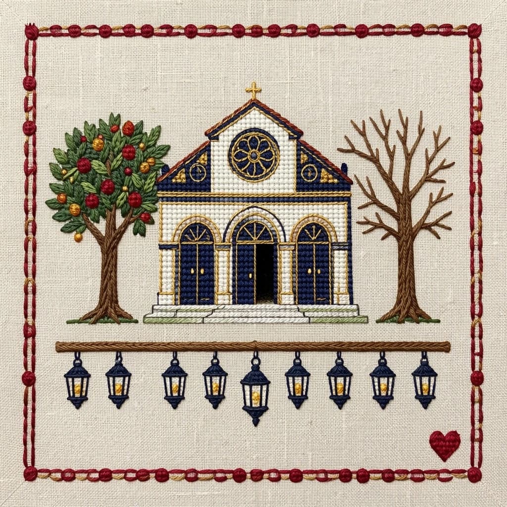 Pin stitched as a cross stitch sampler on natural linen, chunky visible stitches. Center: a synagogue front elevation in deep blue and gold thread, a rose window above three arched doors, the middle door taller and standing open while the two outer doors are closed. Two stitched olive trees flank the building, the left one heavy with fruit and the right one bare. Along the bottom, nine stitched lamps hang from a stitched beam with the middle lamp hanging lower than the rest. A narrow pomegranate border runs all the way around, with a small stitched heart in the bottom right corner.