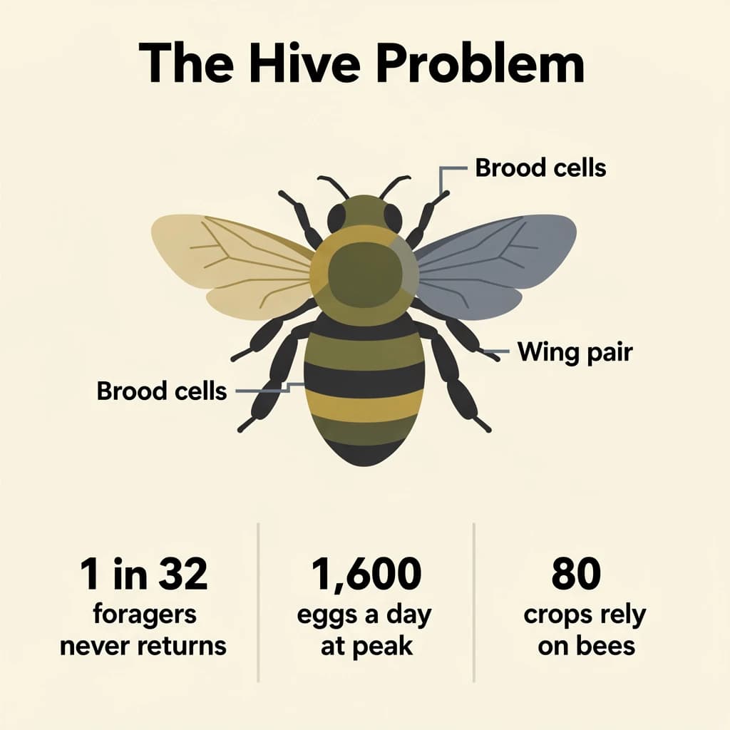 Flat vector illustration titled "The Hive Problem". A labeled bee diagram sits at the center, carrying two keyed regions, "Brood cells" shaded olive and "Wing pair" shaded slate. Three stat chips run down a bottom row, reading "1 in 32 foragers never returns", "1,600 eggs a day at peak" and "80 crops rely on bees". Each key color matches the shading of the region it names.