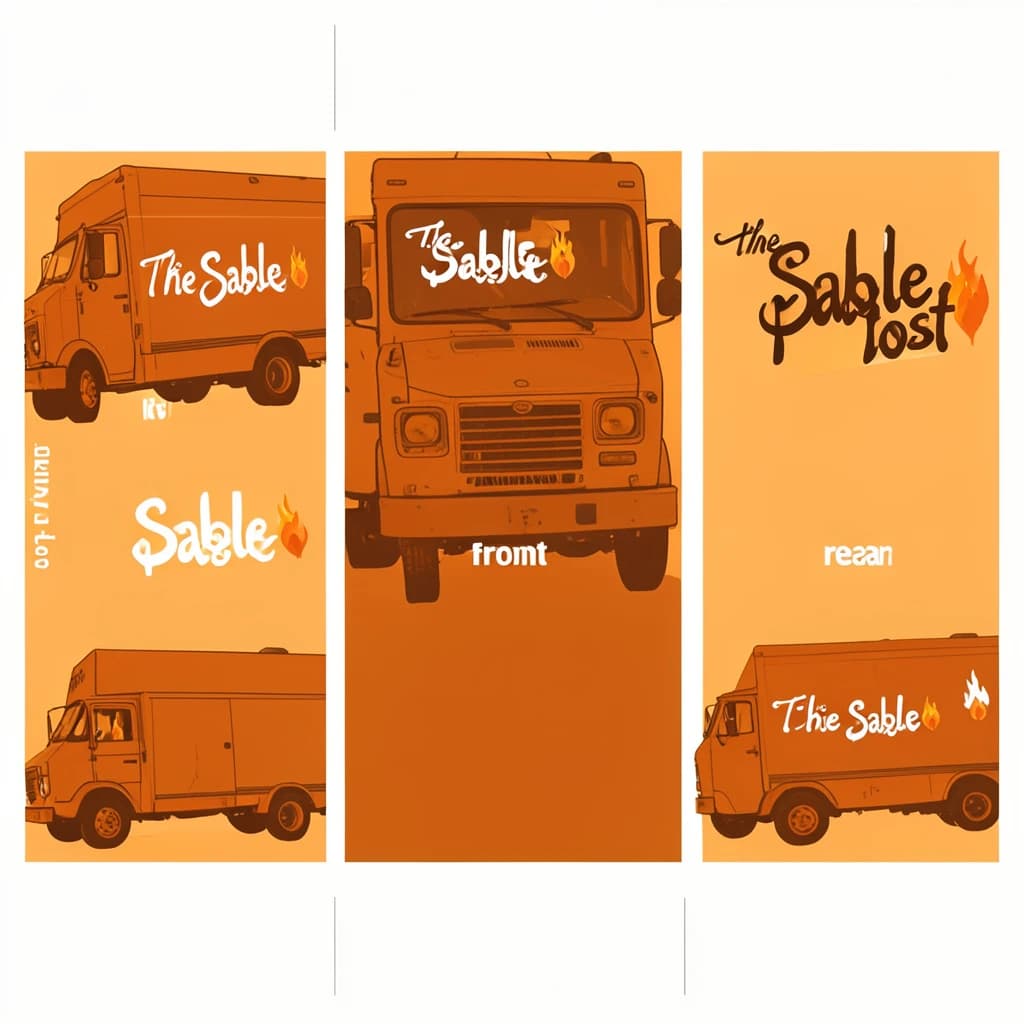 Printed poster: one food truck in three sides. The sides are captioned "left side", "front" and "rear" in that order. The wordmark "The Sable Post" appears on every side with a small flame icon beside it. The orange-and-brown coloring is the same across every side, and only the side changes.