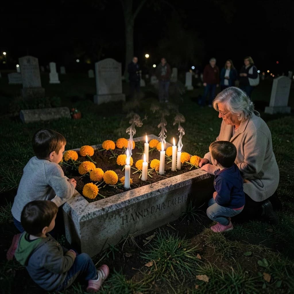 Photojournalism frame from a cemetery vigil at night: one grave slab carrying seven marigold garlands and nine lit candles, three of the candles guttered out and smoking, a grandmother and two children kneeling along the near edge.