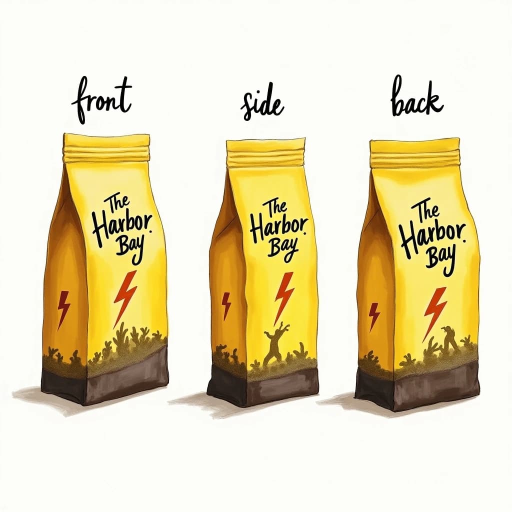 Gouache painting of the same coffee bag drawn in three views, captioned "front", "side" and "back", every view carrying the wordmark "The Harbor Bay" with a lightning-bolt symbol beside it in the same black-and-yellow coloring, only the angle changing.