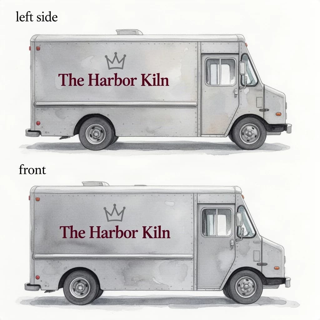 Watercolor of the same food truck drawn in two sides, captioned "left side" and "front", every side carrying the wordmark "The Harbor Kiln" with a simple crown outline beside it in the same maroon-and-gray coloring, only the side changing.