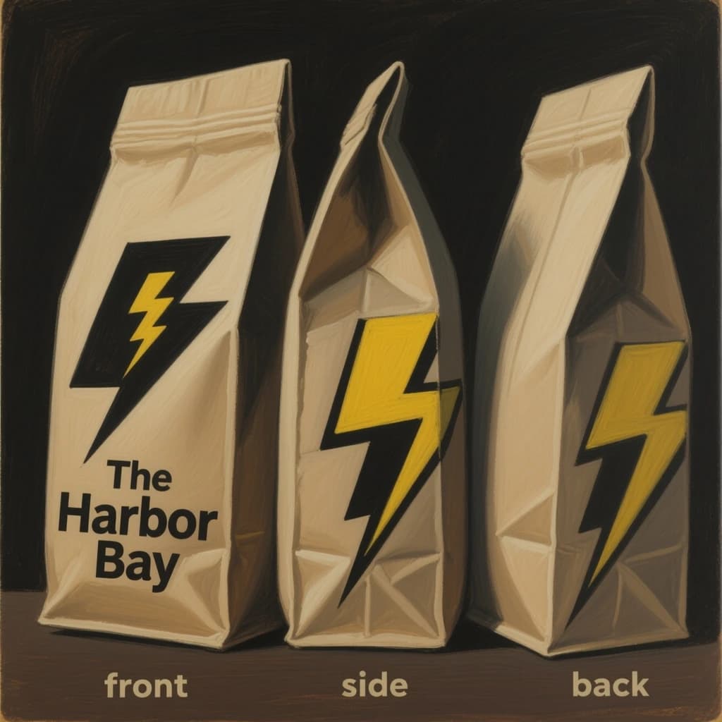 Gouache painting of the same coffee bag drawn in three views, captioned "front", "side" and "back", every view carrying the wordmark "The Harbor Bay" with a lightning-bolt symbol beside it in the same black-and-yellow coloring, only the angle changing.