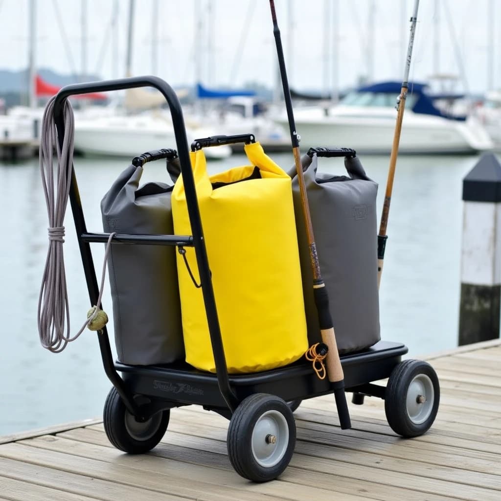 Lifestyle listing photo on a marina dock: a folding dock cart holding three dry bags, the largest yellow and the two smaller ones grey, two fishing rods leaning against the handle, and one coiled dock line hanging from the front rail. Masts blurred behind.