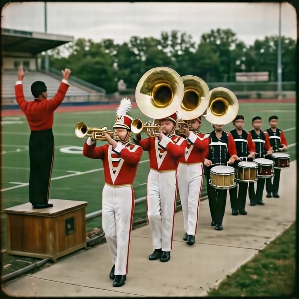 Nineteen seventies Kodachrome-era colour film look, faded warm grain and slight overexposure: a high school marching band seen from a stadium walkway. Front rank of five trumpet players in red and white uniforms, all with horns raised. Behind them three sousaphones in a triangle, the middle player caught mid turn. A line of four drummers to the right, the snare drummer nearest the camera mid stroke. A single drum major stands on a podium at the far left with his back to us, arms up. Empty green field behind them.