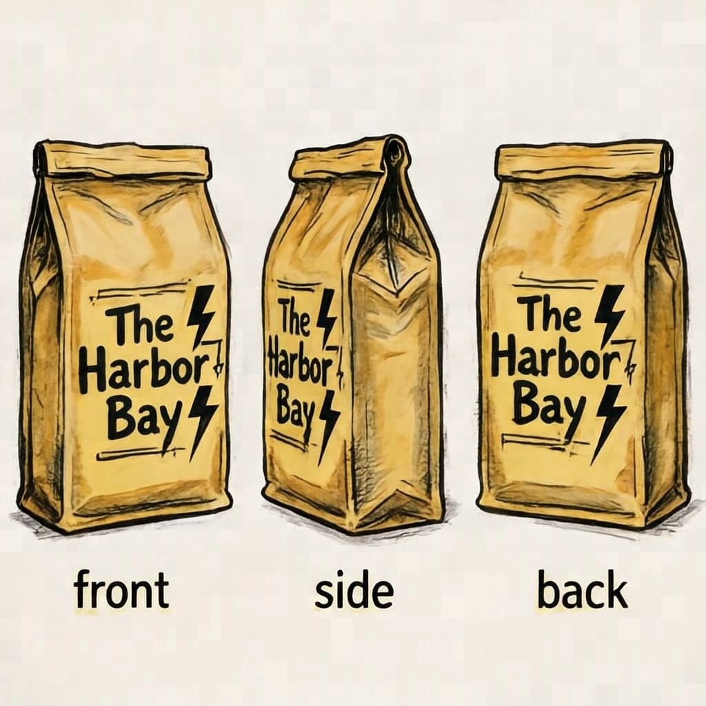 Gouache painting of the same coffee bag drawn in three views, captioned "front", "side" and "back", every view carrying the wordmark "The Harbor Bay" with a lightning-bolt symbol beside it in the same black-and-yellow coloring, only the angle changing.