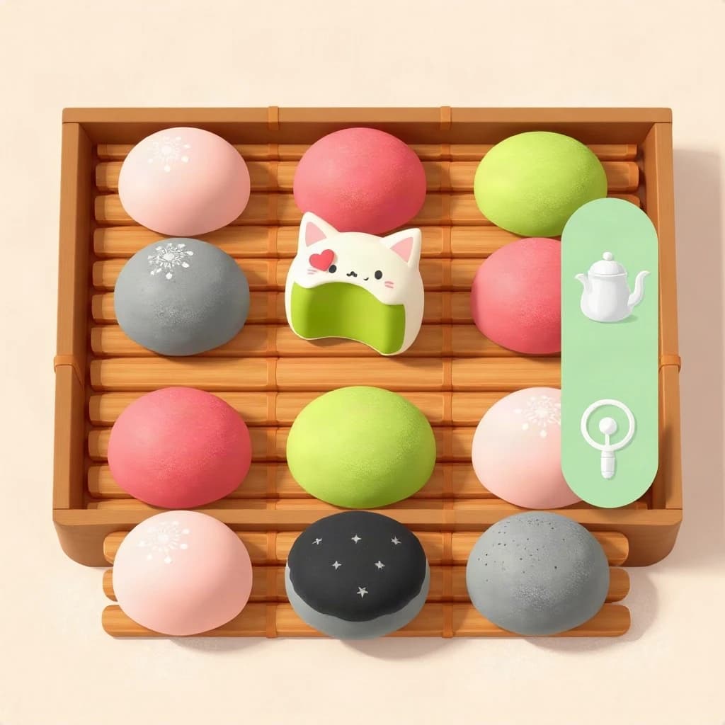 Match three board for a cozy sweets game, cute stylized 3D animation look. Nine mochi in a three by three grid on a bamboo tray: the top row strawberry pink, the middle row matcha green, the bottom row black sesame grey. The center green one has a bite taken out and a small heart icon floating above it. Two of the pink mochi wear tiny cat ears. To the right of the tray, a vertical strip of three power up icons, a whisk, a teapot and a fan. Soft pastel lighting, glossy dusted surfaces.