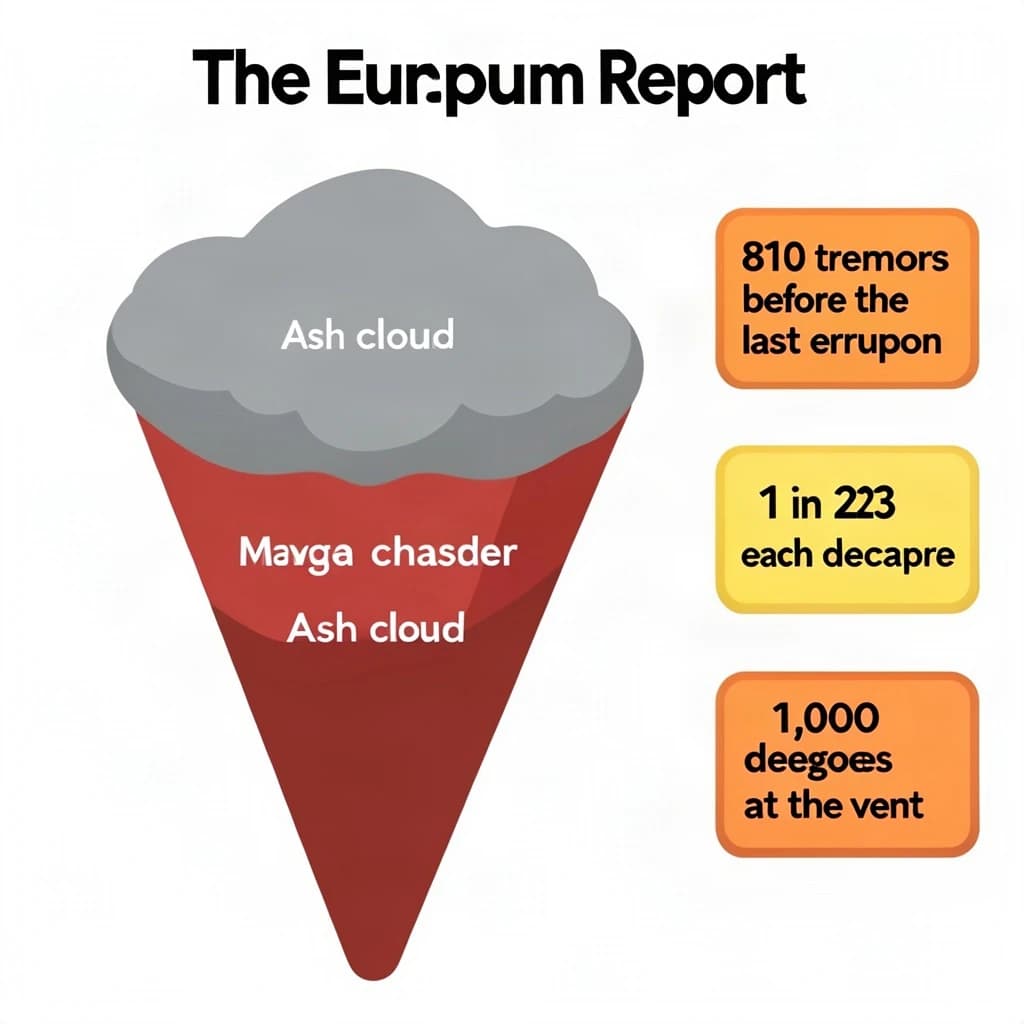 Flat vector illustration titled "The Eruption Report". A cutaway cone sits at the center, carrying three keyed regions, "Lava channel" shaded red, "Ash cloud" shaded gray and "Magma chamber" shaded orange. Three stat chips run down a right column, reading "810 tremors before the last eruption", "1 in 23 erupt each decade" and "1,000 degrees at the vent". Each key color matches the shading of the region it names.