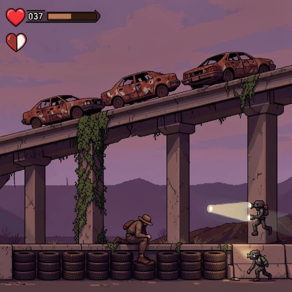 Side-scrolling pixel art screenshot from a post-apocalyptic survival platformer, dusk palette of rust and violet. A collapsed highway overpass cuts diagonally across the frame on four concrete support pillars, the second from the left snapped in half and wrapped in vines. On the deck above sit three burnt-out cars nose to tail, only the middle one still upright. Below, the player crouches behind a barricade of five stacked tires while two scavenger drones sweep flashlight cones in from the right. Top-left interface: three heart icons with the last half empty, a scrap counter reading "037", and a thin compass strip.