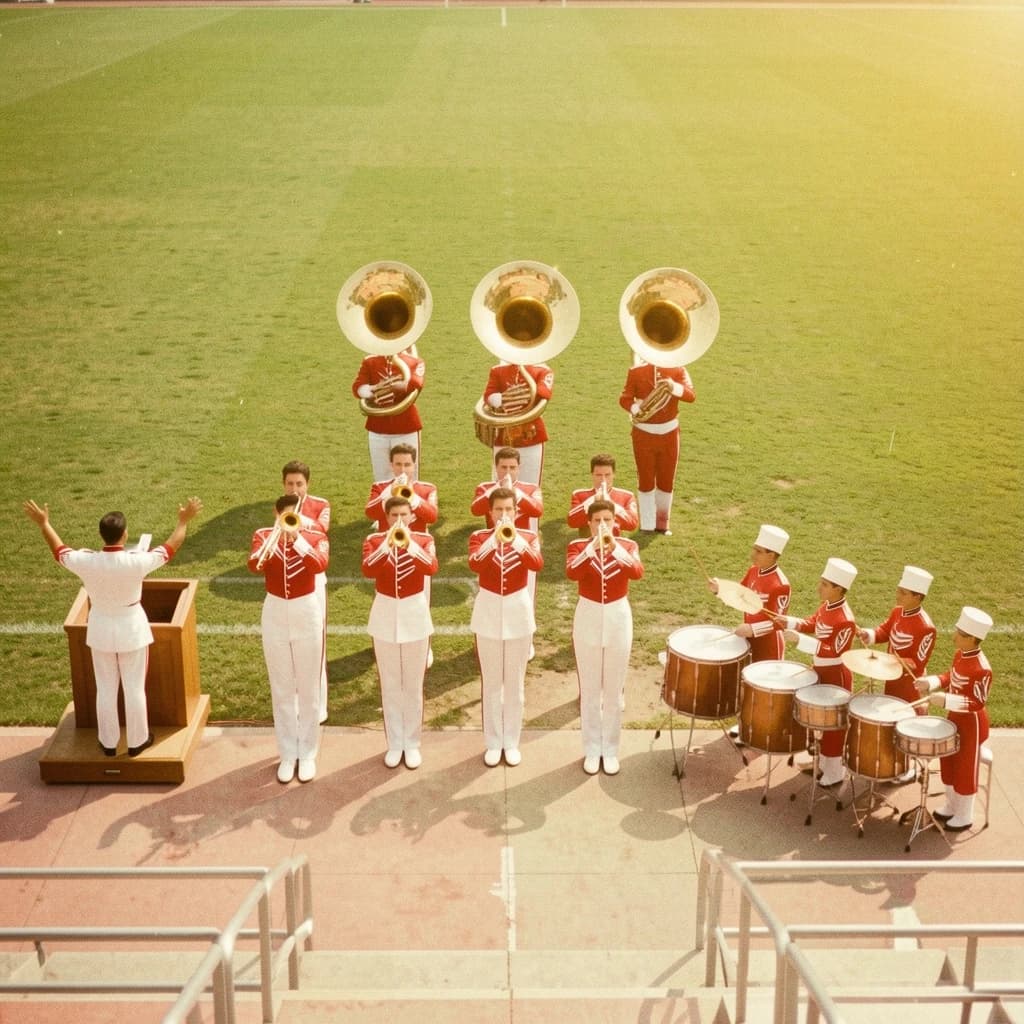 Nineteen seventies Kodachrome-era colour film look, faded warm grain and slight overexposure: a high school marching band seen from a stadium walkway. Front rank of five trumpet players in red and white uniforms, all with horns raised. Behind them three sousaphones in a triangle, the middle player caught mid turn. A line of four drummers to the right, the snare drummer nearest the camera mid stroke. A single drum major stands on a podium at the far left with his back to us, arms up. Empty green field behind them.