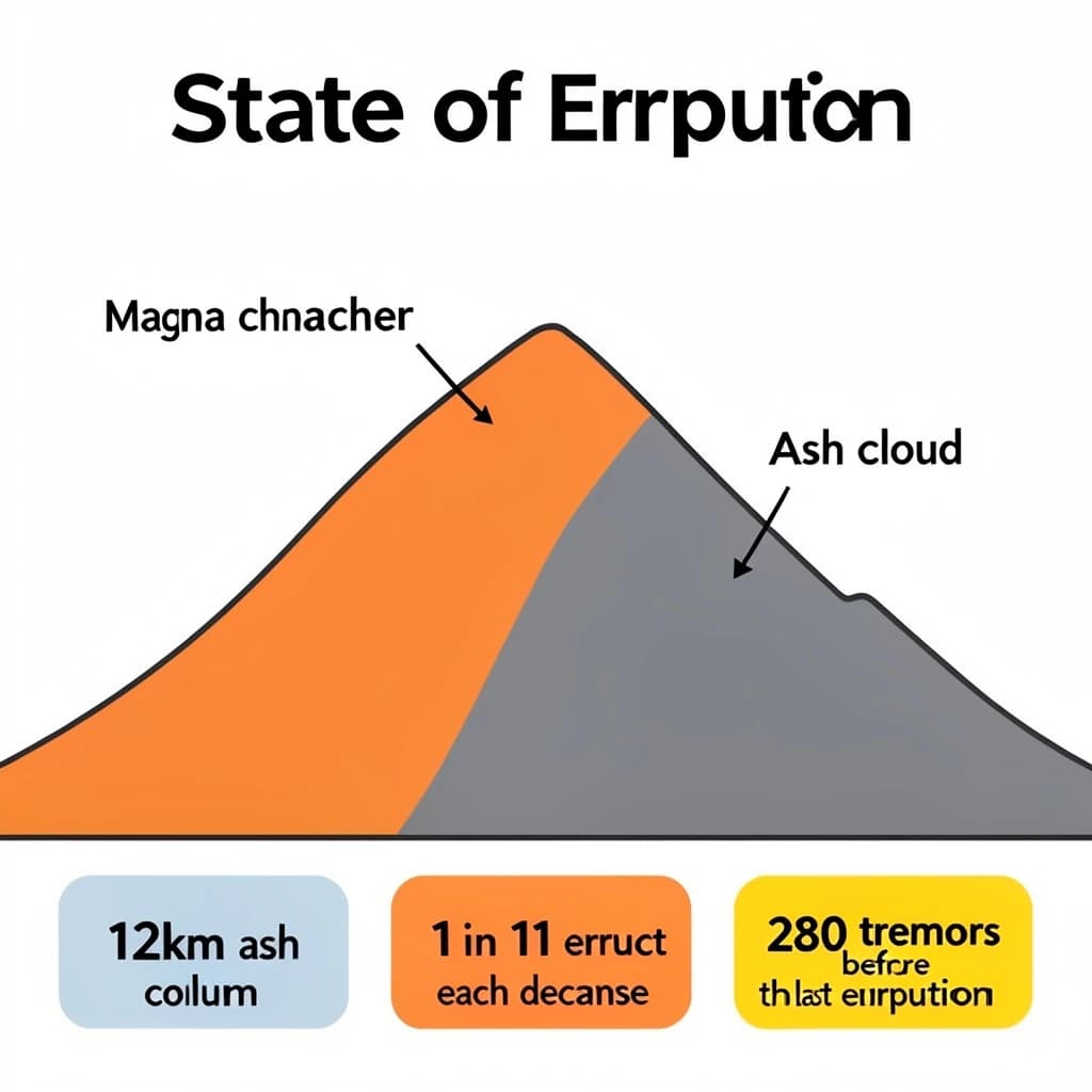 Flat infographic titled "State of Eruption". A simplified hazard map of the slopes sits at the center, carrying two keyed regions, "Magma chamber" shaded orange and "Ash cloud" shaded gray. Three stat chips run down a bottom row, reading "12km ash column", "1 in 11 erupt each decade" and "280 tremors before the last eruption". Each key color matches the shading of the region it names.
