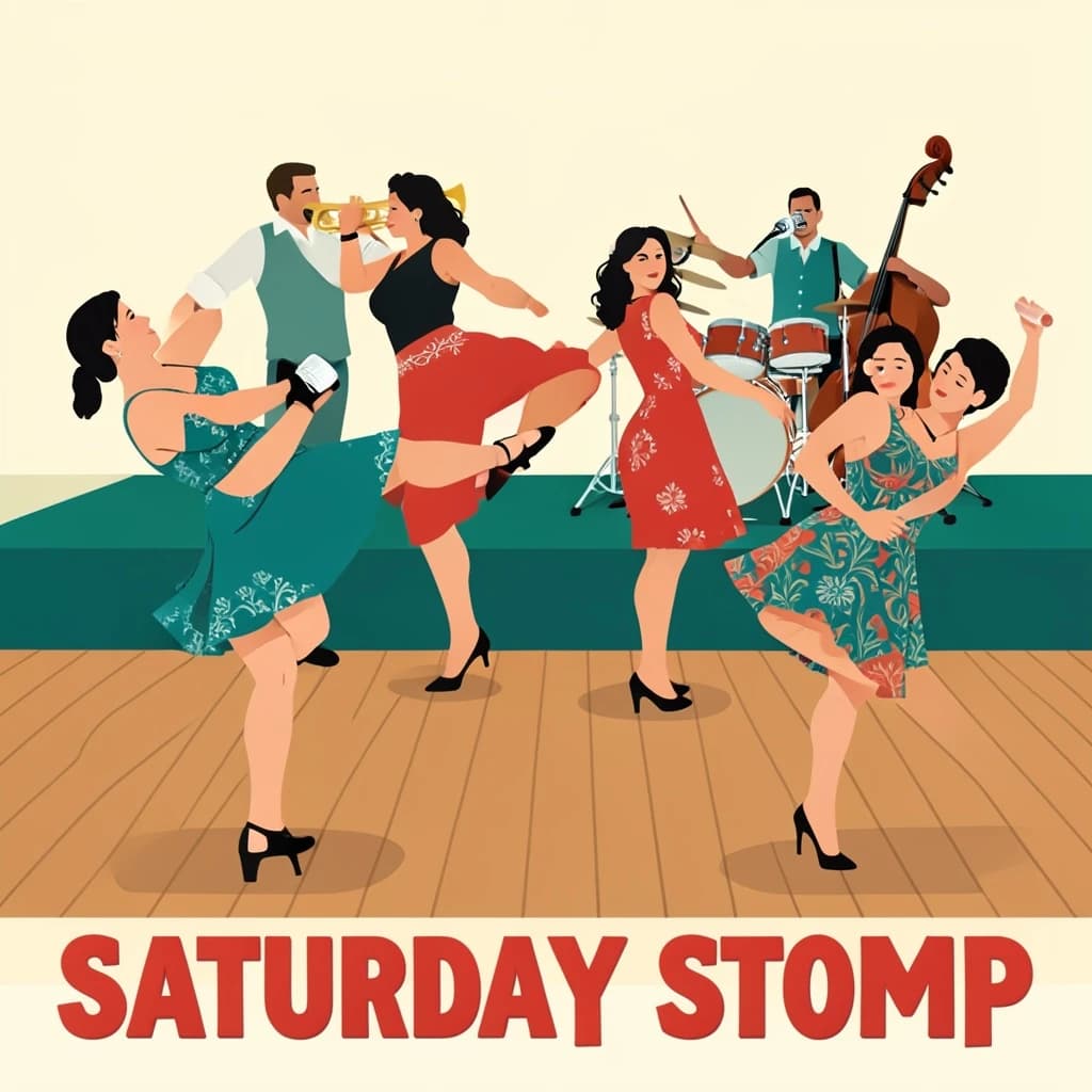 Flat design poster for a swing dance night. Four couples on a wooden floor, each caught in a different move: the front couple in a lift with the follower's feet off the ground, behind them a couple in a side by side kick, a third couple joined by one hand mid spin, and a fourth couple frozen in a dip near the back wall. All followers wear patterned dresses, all leaders wear braces and rolled sleeves. On a low stage behind them, a five piece band: two trumpets, a double bass, a drummer and a singer at a chrome microphone. Bold flat shapes, cream, teal and tomato red. "Saturday Stomp" in chunky letters along the bottom.