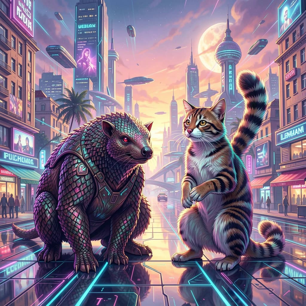 Scaly Anteater and Ringtail in Bucharest, Romania in the style of futurism