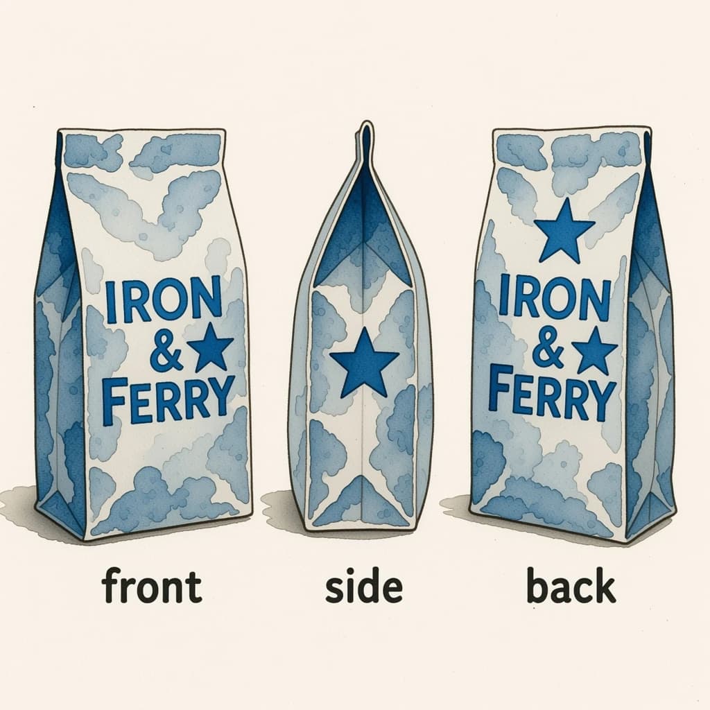 Watercolor of the same coffee bag drawn in three views, captioned "front", "side" and "back", every view carrying the wordmark "Iron & Ferry" with a five-point star outline beside it in the same blue-and-silver coloring, only the angle changing.